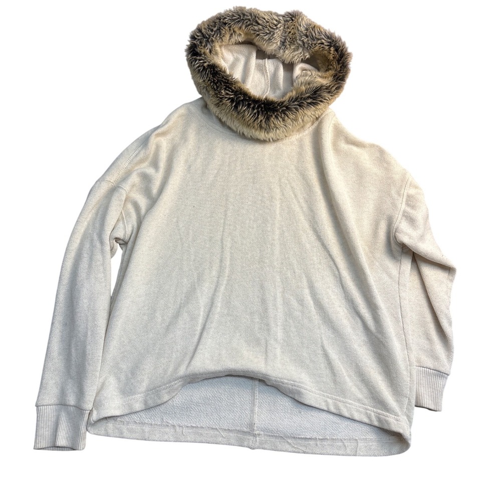 Aerie Cream Oversized Faux Fur Trim Hooded Sweatshirt M Cream High Low Knit